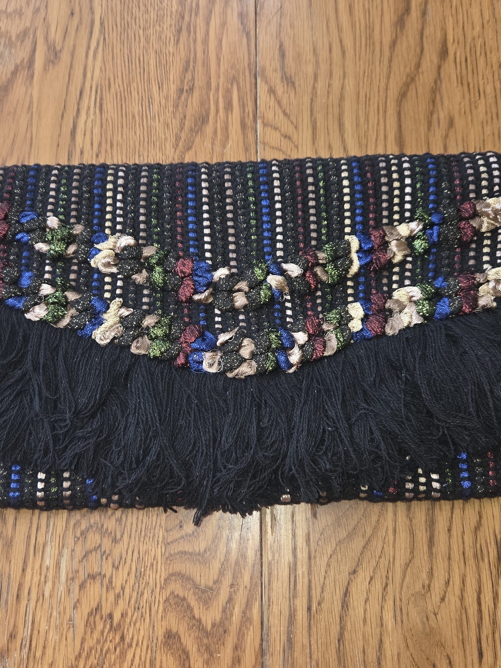 Stella & Dot Boho Woven Fringe Clutch Bag in Black with Multicolor Accents. DDCP